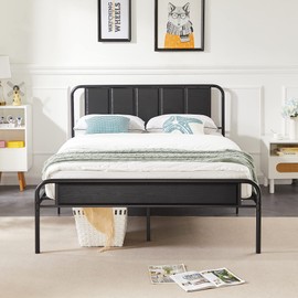 VECELO Queen Size Platform Bed Frame with Wood Headboard/Mattress Foundation/Premium Steel Slats Support/No Box Spring Needed,Black(Industrial)