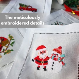 HCRAFT Embroidered White Cocktail Napkins 6"x6" Set of 6 Cloth Napkin Coasters, Christmas Embroidered Cocktail Napkins for Christmas Cocktail Napkins Parties, Ladder Hemstitch, Great Present Ideas