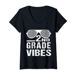 Womens 2nd Grade Vibes Sunglasses Back To School First Day Teacher V-Neck T-Shirt