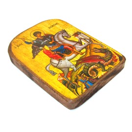 Wooden Greek Christian Orthodox Wooden Icon of Saint George Riding His Horse and Kills the Beast / MP2