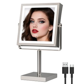 Ruacq Rechargeable Makeup Mirror, 4000mAh Lighted Makeup Mirror with Magnification1X/10X, Height Adjustable Vanity Mirror with Lights, 3 Color Lights, Adjust Brightness, 360°Rotation(Brushed Nickel)