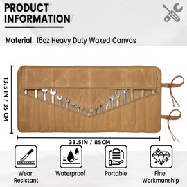 Wrench Roll, Heavy Duty 16OZ Waxed Canvas Tool Roll Tool Bag, Multi-Purpose Small Hand Tools & Wrenches Organizer Holder with 24 Pockets (Khaki)