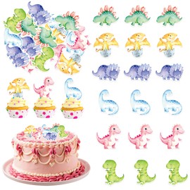 48Pcs Edible Cupcake Toppers Wafer Paper Watercolor Dinosaurs Cake Topper Picks for Dinosaur Theme Baby Shower Kids Boys Girl Dinosaur Theme Birthday Party Decorations