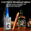 Cigar Lighter Triple Jet Flame Refillable Butane Torch Lighter with