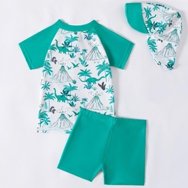Achiyi Little Boy Dinosaur Rash Guard Sets with Sun Hat Quick Dry Swimsuits Bathing Suits Beach Hawaii Swimwear Set Green 6-12M