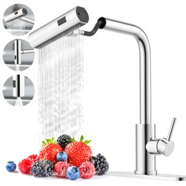 Single Hole Kitchen Sink Faucets with Pull Down Sprayer in Chrome, Single Handle, High Flow Water, Pull Out Tap, Stainless Steel Tall Kitchen Faucet, Touch On for Effortless Control and Durability