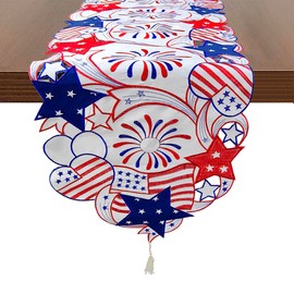 LeLehome 14" X 72" July 4th Holiday Table Runner for American Independence Day, Embroiderd Cutwork Blue&Red Stars Hearts Fireworks Dresser Scarf