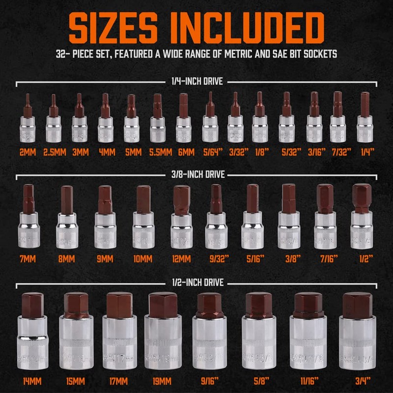 HORUSDY Allen Socket Set, 32-Piece Hex Bit Socket Set,SAE and