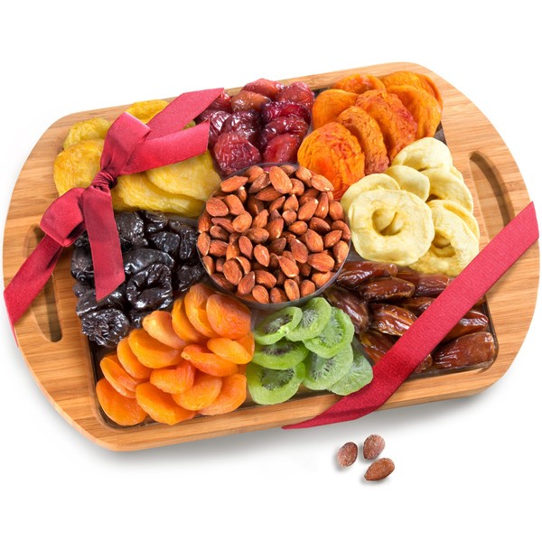 Dried Fruit and Nuts in Keepsake Bamboo Cutting Board Serving Tray with Handles