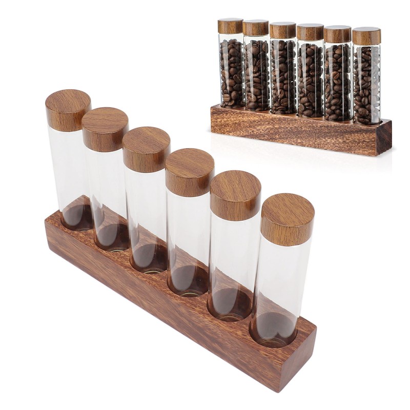 Coffee Bean Storage Tubes with Walnut Wood Stand Lid Glass