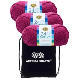 Lion Brand 24/7 Cotton Rose 761-142 (3-Skeins - Same Dye Lot) Worsted Medium #4 Cotton Yarn for Crocheting and Knitting - Bundle with 1 Artsiga Crafts Project Bag
