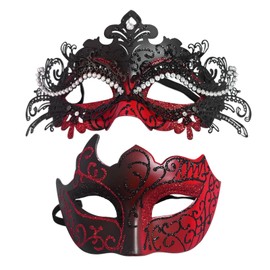 Dinwenddey Masquerade Mask for Couples Party Masks Set, Metal Filigree Shiny Rhinestone Venetian Mask for Ball Mardi Gras - Black Red