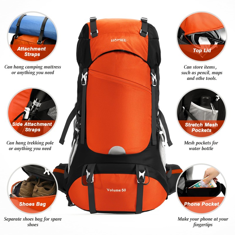 HOMIEE 50L Hiking Backpack Travel Bag Waterproof Camping Backpack with