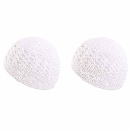 SHTGOI Pack of 2 Knitted Kufi Hats Handmade Crochet Hat Cotton Knitted Hat Skull Caps Hair Net Cap Prayer Hat Islam Breathable Beanie Hat for Summer Men and Women White