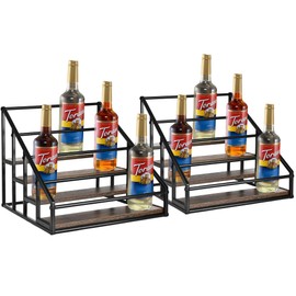 YQBRAO Coffee Syrup Rack Organizer,Liquor Bottle Display Shelf,Water cup display stand,Spice Rack Kitchen Cabinet Organizer,Rustic Brown,2 Packs 4 Tier 16 Bottle Coffee Syrup Holder