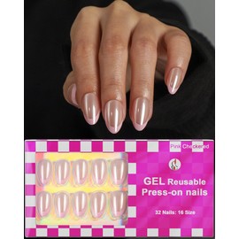 SUPNAIL 16 Sizes French Tip Press on Nails Chrome Short Almond Reusable 32pcs Glossy Gel Fake Nails with Glue and Jelly Stickers (Pink on Pink French Tip)