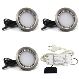 vislux LED Recessed Spotlight 12 V 3000 K Warm White 3 W Recessed Spotlights LED Flat 12 V/230 V 190 LM Bore Hole 55-60 mm and 16 mm Flat Furniture Recessed Spotlights with 1.8 m Cable Brushed