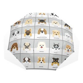 Poeticcity Set of Dog 25 Breeds of Puppies Dogs Unisex Manual Folding Rain Umbrella, Foldable Durable Sun Parasol, Collapsible Compact Windproof Portable Umbrellas for Travel