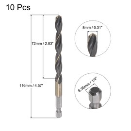 uxcell 10 Pcs High Speed Steel Hex Shank Twist Drill Bit, 8mm Drilling Dia with 1/4 Inch Hex Shank 116mm Length