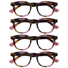 OPULIZE Ava Reading Glasses 4 Pack Flattering Rounded Frame Spring Hinges Scratch Resistant Brown Tortoiseshelll Pink Mens Womens RRRR62-4 +1.00