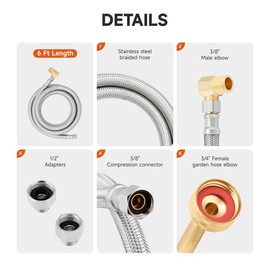 Roastove Universal Dishwasher Installation Kit,6 Ft Stainless Steel Dishwasher Hose,Burst Proof Water Supply Line with 3/8" Compression Connections