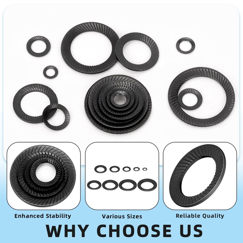 Glarks 160pcs M3/4/5/6/8/10/12/14/16 Double Side Lock Washer, 65Mn Steel Vibration