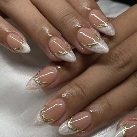 Pink French Tip Fake Nails Almond Press on Nails 3D Marble False Nails with Gold Line Designs Medium Glue on Nails Glossy White Nail Tips Artificial Acrylic Nails 24pcs Stick on Nails for Women