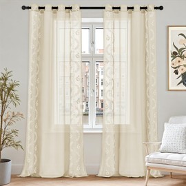 TOPICK Embroidery Floral Net Curtains for Windows 90 Inch Drop, Linen Look Light Filtering Voile Curtains for Bedroom, Semi Transparent Eyelet Sheer Living Room Curtain 2 Panels, Beige, 55Wx90L Inch