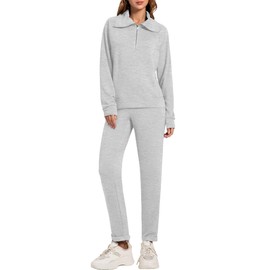 Casly Lamiit 2 Piece Fall Sets for Women Track Suit Half Zip Pullover Sweat Pants Athletic Clothing Sets Airport Travel Outfits Jogging Matching Lounge Wear Light Grey Medium