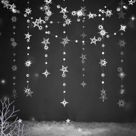 6 Strings Christmas Decorations Shiny Star Garland Space Décor Starry Night Backdrop Sun Moon Hanging Birthday Decorations New Year Banner Ramadan Streamer Wedding Party Décor (Silver)