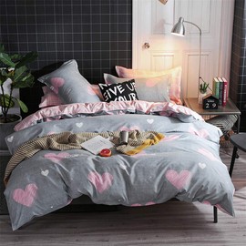 Xiongfeng Kids Girls Pink and Grey Heart-Shaped Duvet Cover Set Twin Size Pink White Plaid Reversible Bedding Comforter Cover Set Soft Breathable Microfiber, Sweet Heart