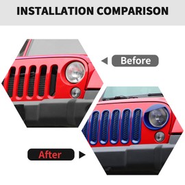 RT-TCZ Front Grille Mesh Inserts Headlight Cover Clip-in Grill Bezels Trim Decoration Exterior Accessories Compatible with Jeep Wrangler JK JKU 2007-2017,Blue