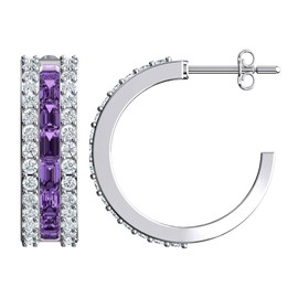 Silver Smile Sterling Silver Hoop Earrings | 2.5 CTW Dual Lab-Created White Topaz and Natural Amethyst Earrings With Push Backs | Baguette Huggie Earrings | Cute Earrings Aesthetic | Hanging Earrings