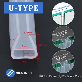 Door Seal, Akamino Frameless Shower Door Bottom Seal - 98.5 Inch Glass Shower Door Sweep Fit for 10mm (3/8" Glass Door - Stop Shower Leaks and Create a Water Barrier,U Type