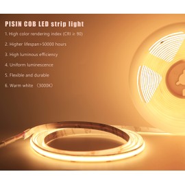PISIN 12V COB LED Strip Light Warm White 3000K IP20 Uniform Light Emitting 480LEDs/M 16.4FT/5M CRI90 Flexible Can be Cropped LED Light Strip Cabinet Home DIY Lighting Projects (Warm White 3000K)