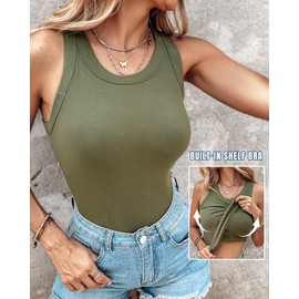 CHICME 2-Pack Womens Shelf Bra Tops Sleeveless Shirts Rib-Knit Tops Summer Outfits Khaki+Army Green-XXL