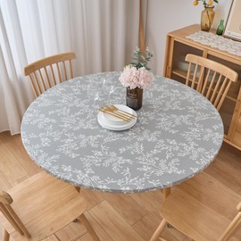 Round Elastic Edged Vinyl Tablecloth with Flannel Backing – Waterproof Oil-Proof PVC Fitted Table Cloth Plastic Cover (Fits Tables up to 40" - 44" Diameter)