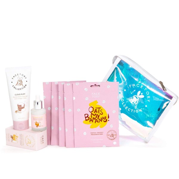 FACETORY Oats So Glowy Skin Care Bundle with Cleanser, Sheet mask, Facial Oil, and Makeup Bag - Skincare Set with Travel Pouch, For All Skin Types - Calming, Soothing, Moisturizing Ingredients