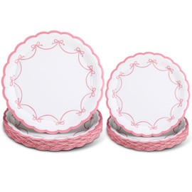 Yungyan 50 Pcs Pink Bow Disposable Paper Plates 7and 9 Inch Coquette Bow Birthday Party Supply Pink Bow Theme Decorations for Engagement Wedding Baby Shower Tableware Dinnerware Serves