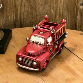 PARSAHO Vintage Fire Truck Model Piggy Bank Collective Decoration Miniature Vehicle Saving Bank Money Box Desktop Decor Firefighting Heroes Handcraft Firemen Gifts Red