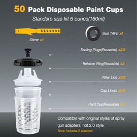 Decwls Disposable Paint Gun Cup 6oz - Disposable Paint Cups Kit, 50 Pack Liners and Lid, 2 Adapters & Hard Paint Mixing Cups with Retainer Ring, 20 Plugs, Paint Stirrer, PTFE Tape for Spray Gun