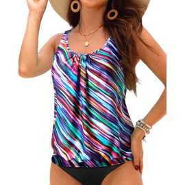 Yonique - Blusa tipo tankini para mujer, sin parte inferior, ajuste holgado, playera sin mangas modesta, Rayas de colores, 20 Plus