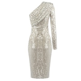 Madam Uniq Women's Sexy One Shoulder Long Sleeve Sequin Sparkle Dress Ruched Evening Gown Midi Formal Dresses (Silver,S)