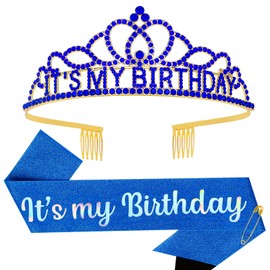 Araluky Blue Birthday Crown Adult Woman & Glitter Its My Birthday Sash for Women Birthday Tiara for Women Birthday Hat Birthday Girl Crown for Women Parties Favors Birthday Decorations