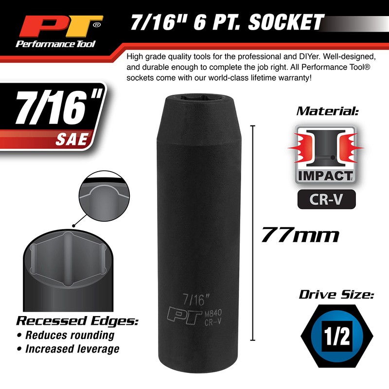 Performance Tool M840 1/2 Drive Impact Socket, 7/16 - Durable