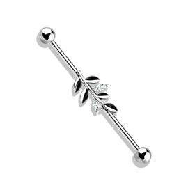 Pierced Owl CZ Crystal Leaf Stainless Steel Industrial Barbell (Silver Tone)