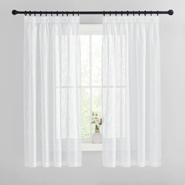 PONY DANCE White Linen-Look Curtain, Semi-Transparent – 2 Pieces, H 160 x W 140 cm, Thick, Faux Linen Curtains with Ruffle Tape, Decorative Curtains for Living Room and Bedroom, Voile Curtain