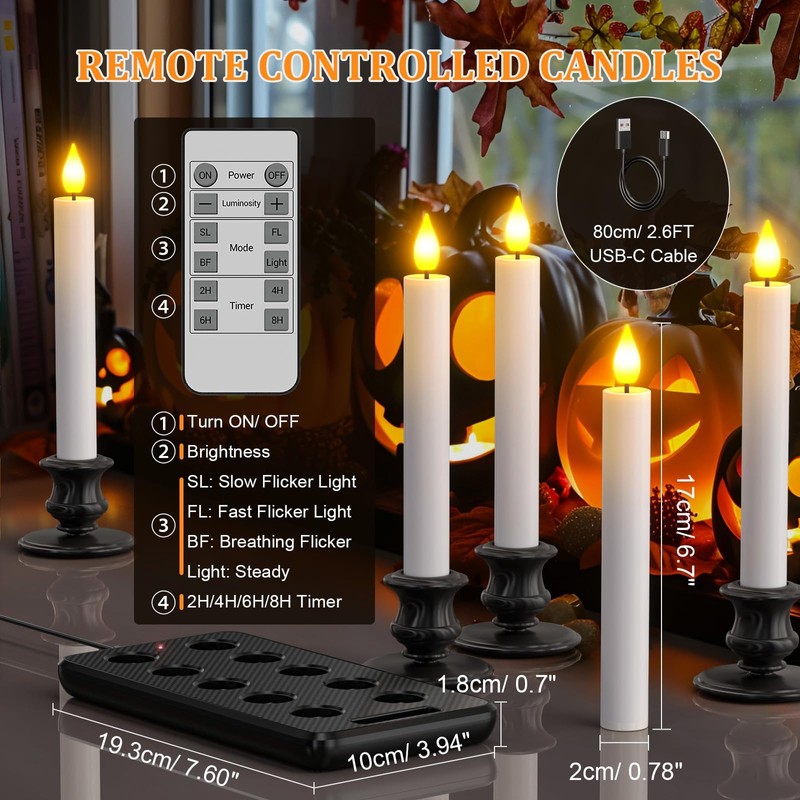 SoulBay 10pcs Flameless Rechargeable Taper Candles, Bright Realistic Flickering LED