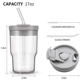 BLUEPOLAR Glass Cups with Lids and Straws,16oz/480ml Reusable Iced Coffee Glasses & Juice Bottles,Cold Brew Tumblers with Leakproof Lids,BPA-Free Glass Jars for Juicing,Matcha,Tea,Smoothie (Grey)
