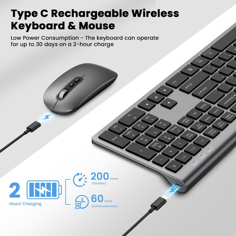 Rechargeable Wireless Bluetooth Keyboard and Mouse Combo, Full Size Silent